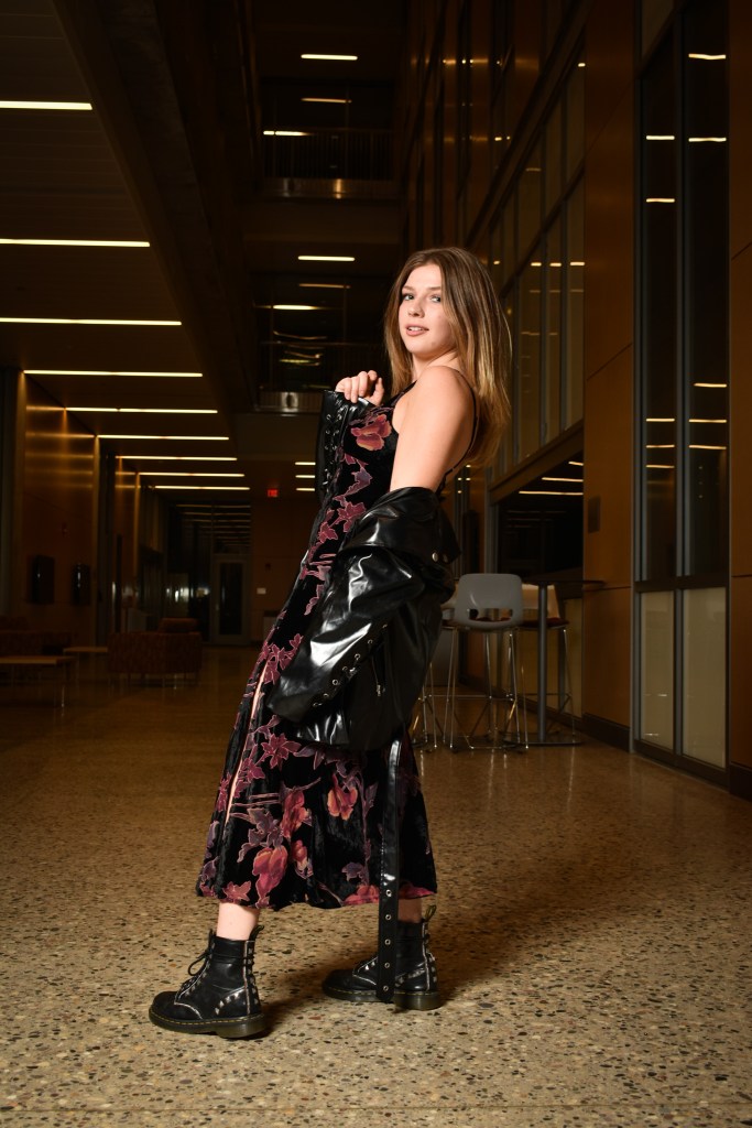 Maggie Petix poses for a fashion shoot on location at the Bioscience Building on the campus of Central Michigan University, Nov. 9, 2022.