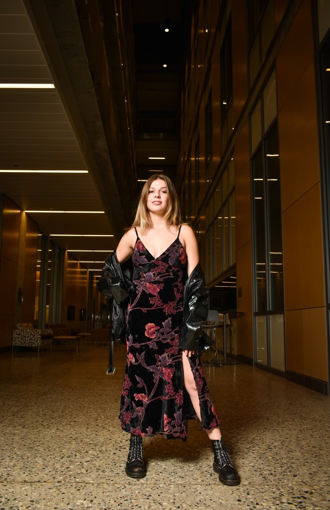 Maggie Petix poses for a fashion shoot on location at the Bioscience Building on the campus of Central Michigan University, Nov. 9, 2022.